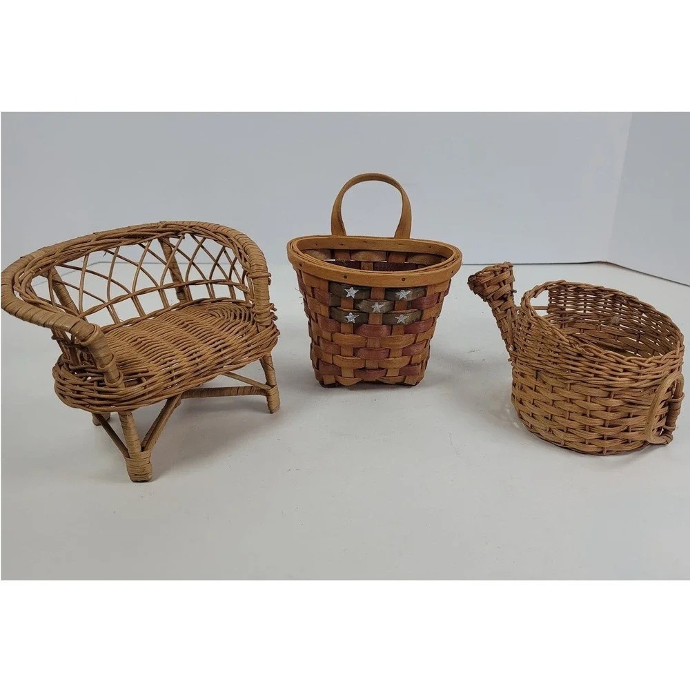 Vintage Miniature Wicker Basket Set 3pc Loveseat Star Wall Basket Watering Can
